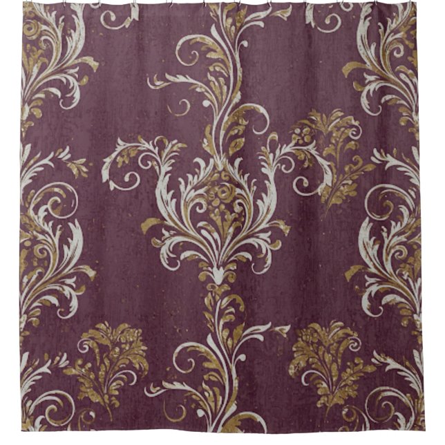Vintage Burgundy and Gold Damask Shower Curtain (Front)
