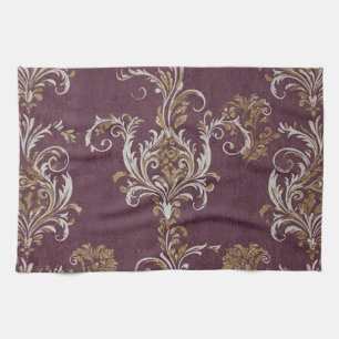 Vintage Burgundy and Gold Damask Tea Towel