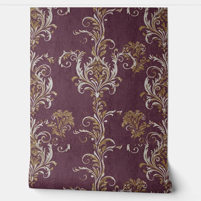 Vintage Burgundy and Gold Damask Wallpaper (Unrolling)