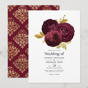 Vintage Burgundy and Gold Floral Wedding Invitation