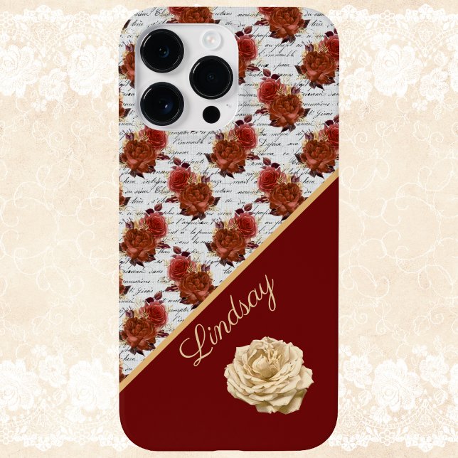 Vintage Burgundy and White Rose Pattern with Name Case-Mate iPhone Case (Creator Uploaded)