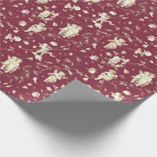 Vintage Burgundy Beige Cupid Angels Floral Toile Wrapping Paper