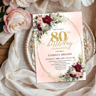 Vintage Burgundy Bohemian Floral 80th Birthday  Invitation