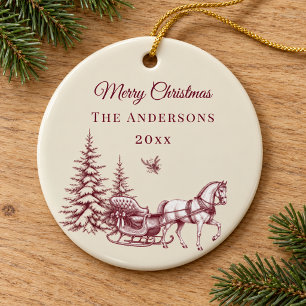 Vintage Burgundy Christmas Toile Horse Sleigh Ceramic Tree Decoration