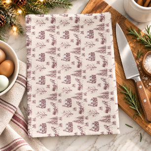 Vintage Burgundy Christmas Toile Horse Sleigh Tea Towel