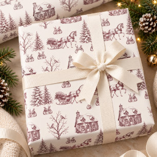 Vintage Burgundy Christmas Toile Horse Sleigh Wrapping Paper