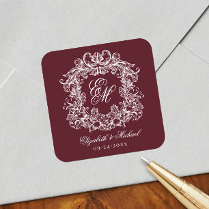 Vintage Burgundy Elegant Wedding Monogram Crest Square Sticker