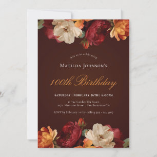 Vintage Burgundy Floral 100th Birthday Invitation
