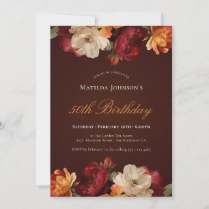 Vintage Burgundy Floral 50th Birthday Invitation