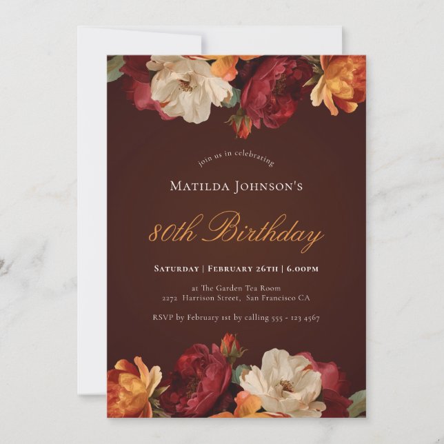 Vintage Burgundy Floral 80th Birthday Invitation (Front)