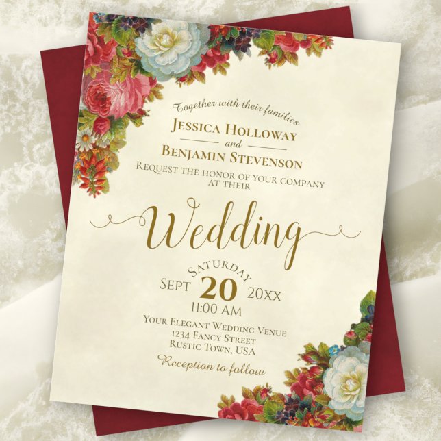 Vintage Burgundy Floral BUDGET Wedding Invitation (Creator Uploaded)