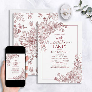 Vintage Burgundy Floral Line Art 60th Birthday Invitation