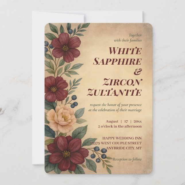 Vintage Burgundy Floral Wedding Invite (Front)