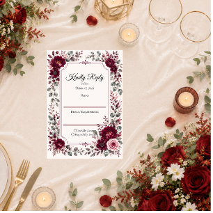 Vintage Burgundy Floral Wedding RSVP Card
