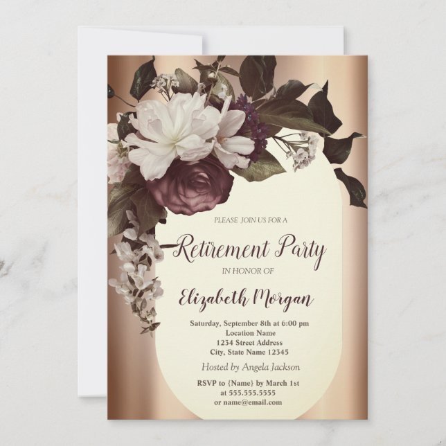Vintage Burgundy Flowers Retirement  Invitation (Front)