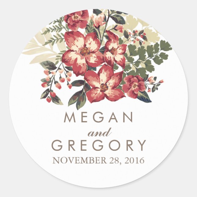 vintage burgundy flowers wedding classic round sticker (Front)