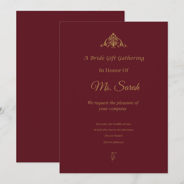  Vintage Burgundy Gold Bride Shower Invitation (Front/Back)