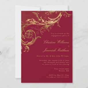Vintage Burgundy Gold Damask Engagement Party Invitation
