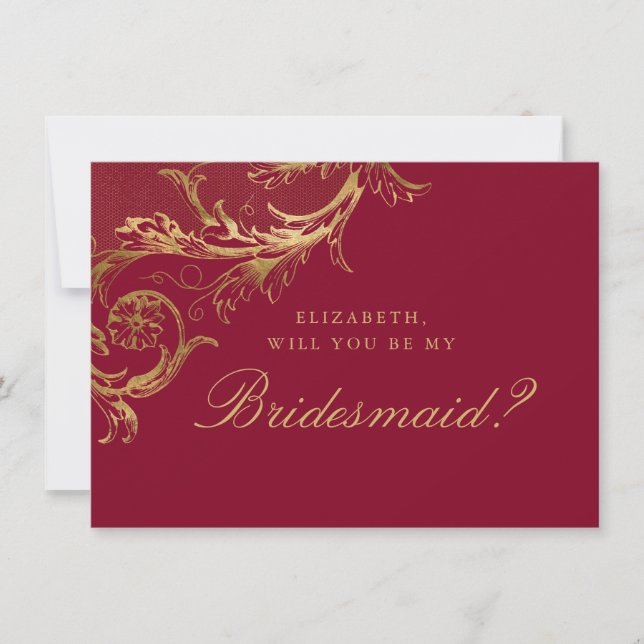 Vintage Burgundy Gold Damask Script Bridesmaid Invitation (Front)