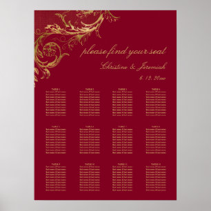 Vintage Burgundy Gold Damask Wedding Seating Poster