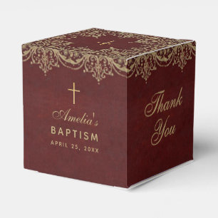 Vintage Burgundy Gold Elegant Script Girl Baptism Favour Box