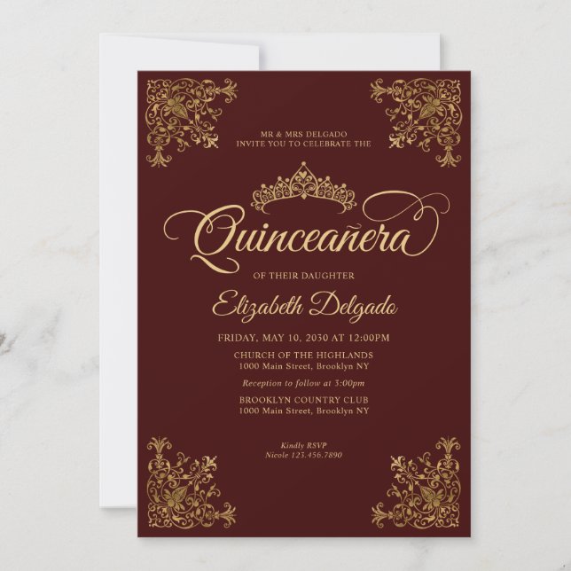 Vintage Burgundy Gold Elegant Tiara Quinceanera Invitation (Front)