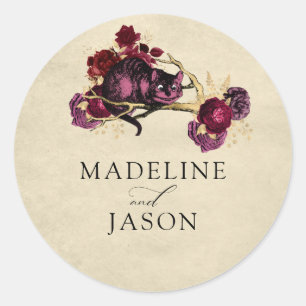 Vintage Burgundy Gold Floral Cat Wedding Classic Round Sticker