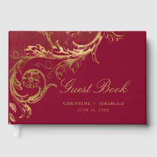 Vintage Burgundy Gold Floral Damask Script Wedding Guest Book