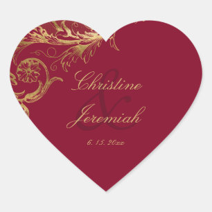 Vintage Burgundy Gold Floral Damask Script Wedding Heart Sticker