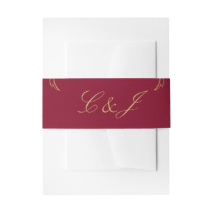 Vintage Burgundy Gold Floral Damask Script Wedding Invitation Belly Band