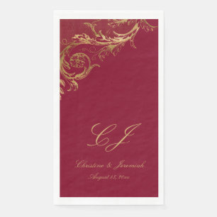 Vintage Burgundy Gold Floral Damask Script Wedding Napkin