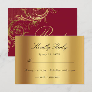 Vintage Burgundy Gold Floral Damask Script Wedding RSVP Card