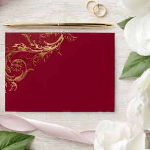 Vintage Burgundy Gold Floral Damask Wedding Envelope