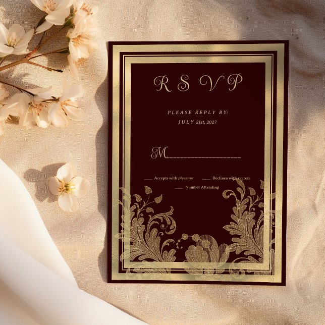 Vintage burgundy gold floral lace RSVP  Invitation (Vintage burgundy gold floral lace RSVP )