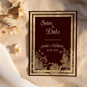 Vintage burgundy gold floral lace Save the Date Invitation