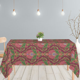 Vintage Burgundy, Green and Gold Floral Pattern Tablecloth