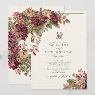Vintage Burgundy Hydrangea Olive Monogram Wedding Invitation