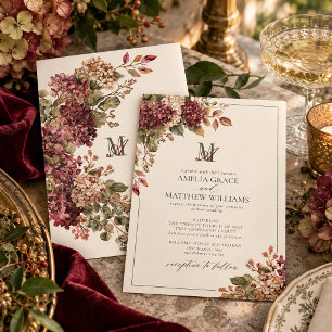 Vintage Burgundy Hydrangea Olive Monogram Wedding Invitation