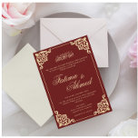 Vintage Burgundy Islamic Muslim Wedding Invitation<br><div class="desc">Baroque Islamic Muslim Wedding Invitation. There is a solid burgundy colour background with a vintage filigree corner frame. There is a luxury gold calligraphy font for the names of the couple. You can personalise this card by changing the information that is written. A blank envelope is included but you can...</div>