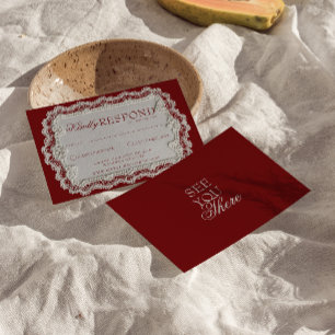 Vintage Burgundy Lace Doily Fancy Retro Wedding RSVP Card