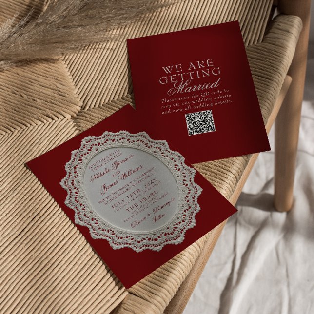 Vintage Burgundy Lace Doily QR Code Wedding  Invitation (Creator Uploaded)