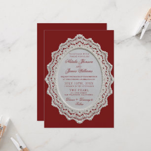Vintage Burgundy Lace Doily QR Code Wedding  Invitation