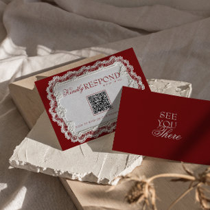 Vintage Burgundy Lace Doily Retro QR Code Wedding RSVP Card