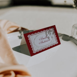 Vintage Burgundy Lace Doily Wedding Place Cards