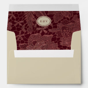 Vintage Burgundy Lace Monogram Ivory Retro Wedding Envelope