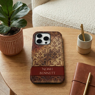 Vintage Burgundy Leather Boho Botanical Foliage iPhone 16 Pro Case