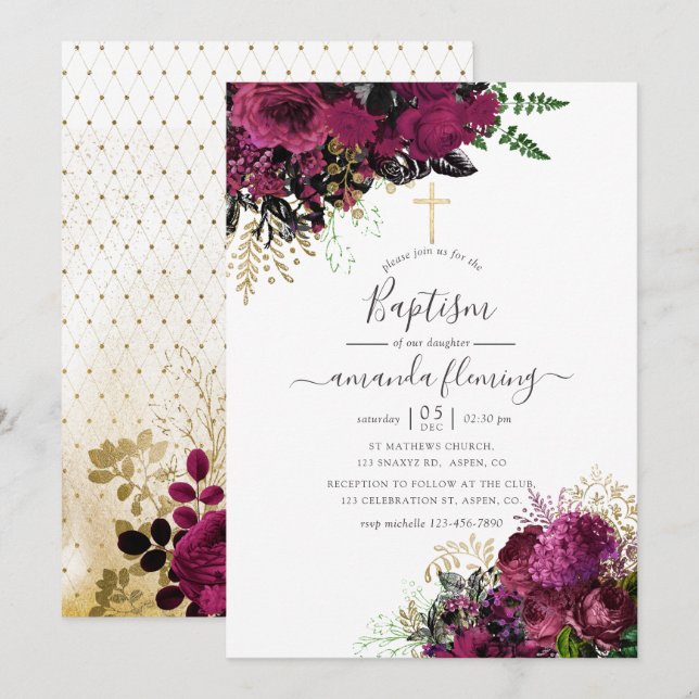Vintage Burgundy - Marsala and Gold Baptism Invitation (Front/Back)