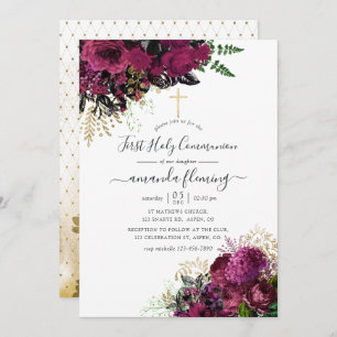 Vintage Burgundy - Marsala and Gold Holy Communion Invitation