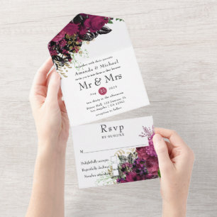 Vintage Burgundy Marsala and Gold Wedding All In One Invitation