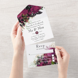 Vintage Burgundy - Marsala and Gold Wedding All In One Invitation